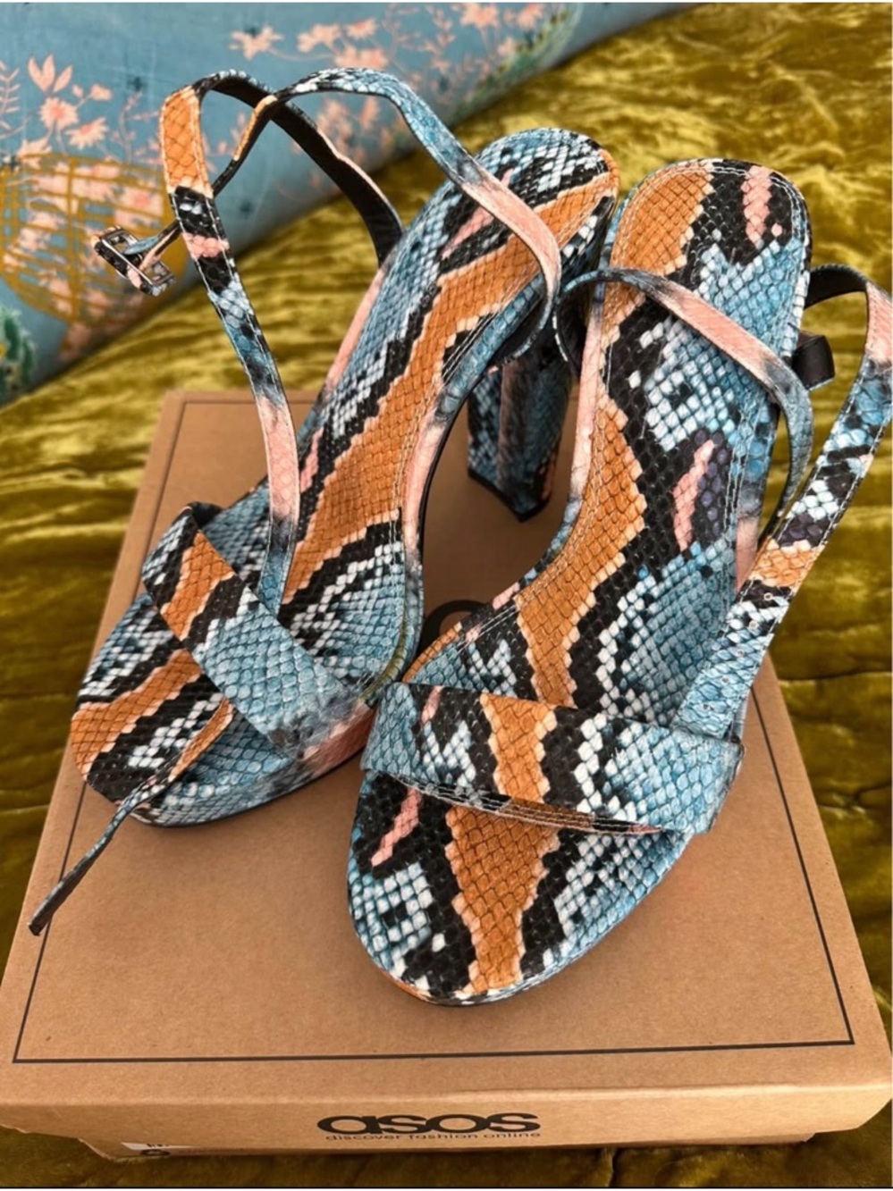 ASOS Blue and Orange Snake-Print Block Heel Sandals